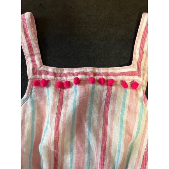 Girls Striped Romper by Egg New York Size 10Y Pink Blue White with Pom Poms - Picture 4 of 8